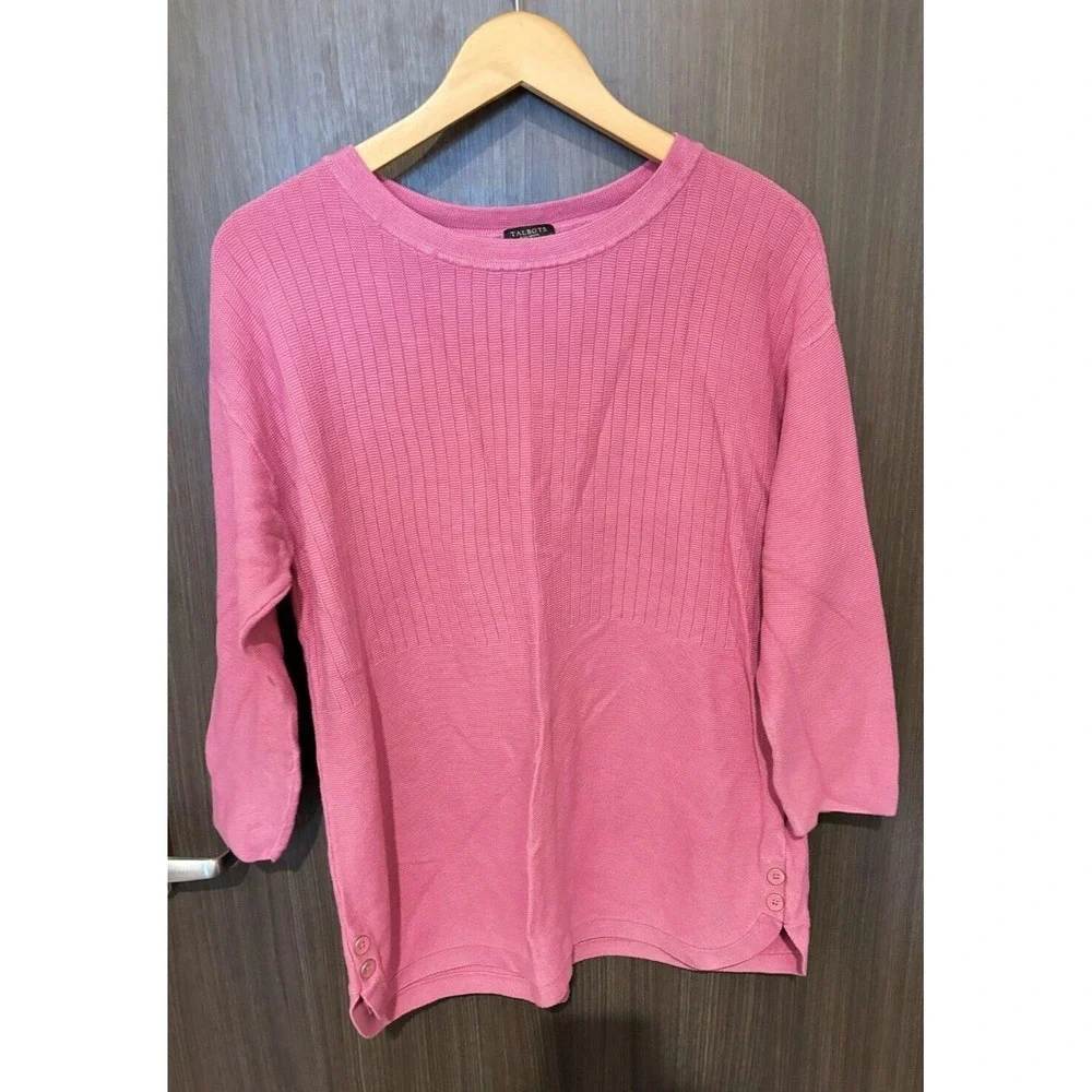 Talbots Sweater‎ Women's 1X Petite Pink Cotton 3/4 Sleeve Pullover